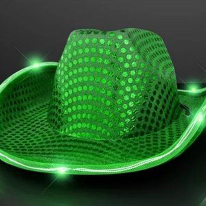 GREEN SEQUIN Light Up LED Flashing Cowboy Hat with SEQUINs‎ WHITE LEDS, Cowgirl